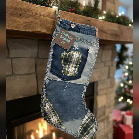 Hand Crafted Other - HAND CRAFTED Christmas Stocking UPCYCLED Flannel Fabric Denim Blue Jeans